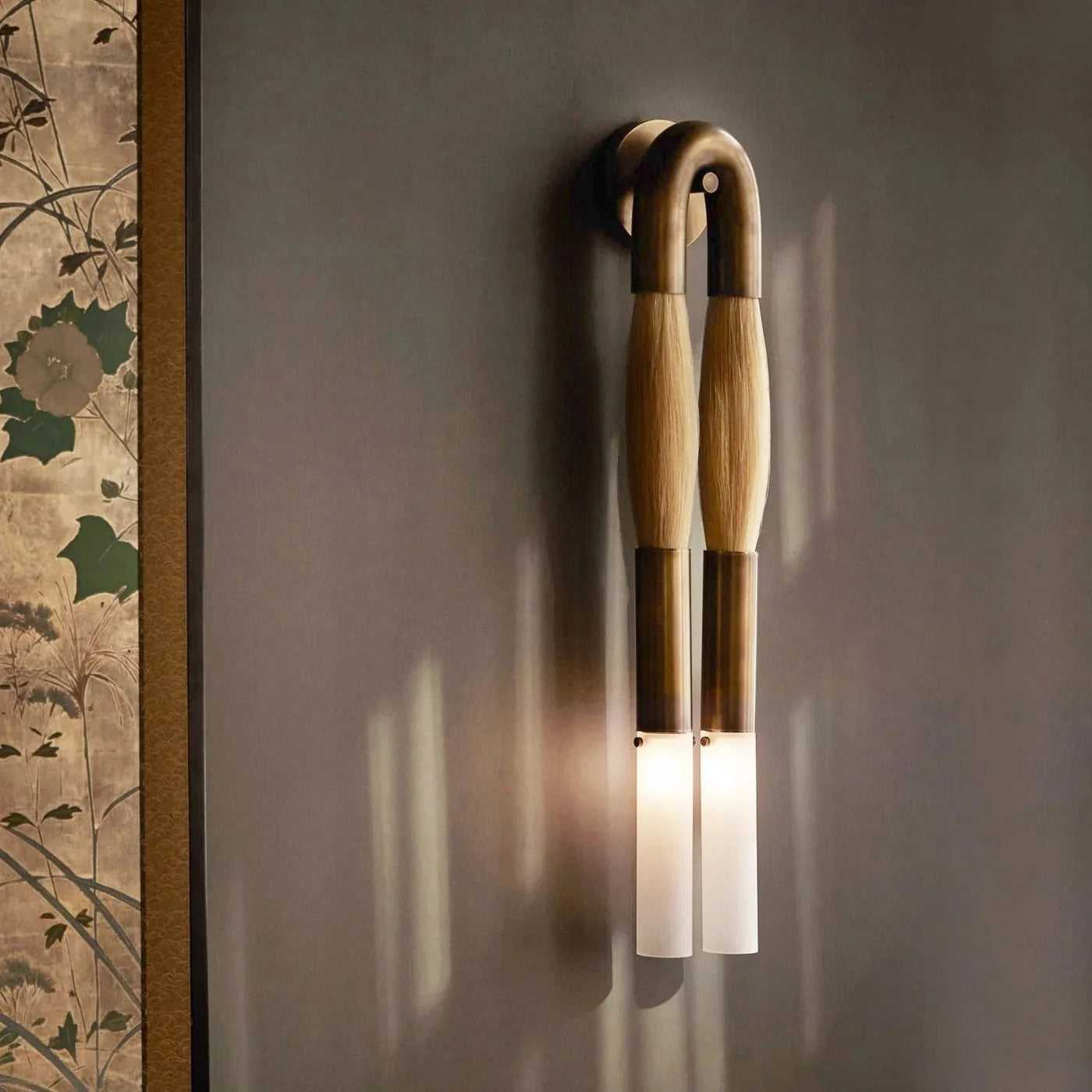 Wandlamp Boho met U-Boog en Glazen Buizen voor Twee Lichtpunten