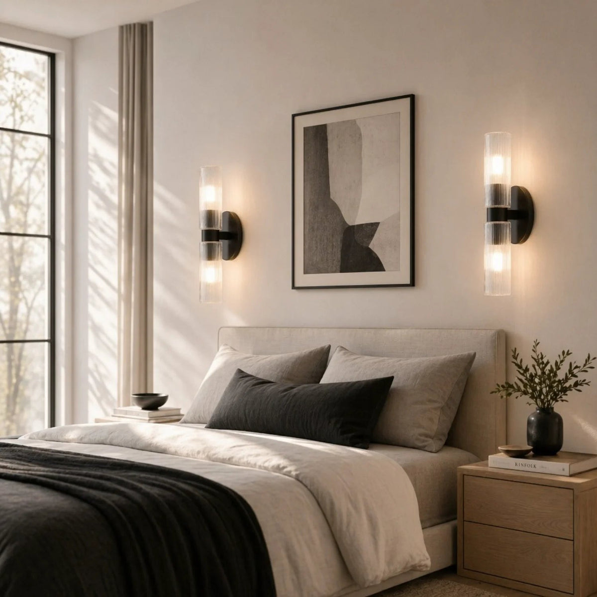 Wandlamp Minimalistisch met Geribbelde Glazen Cilinderkap en Vaste Bevestiging