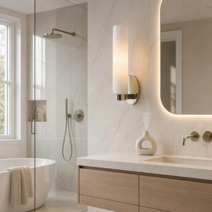 Wandlamp Minimalistisch met Geribbelde Glazen Cilinderkap en Vaste Bevestiging