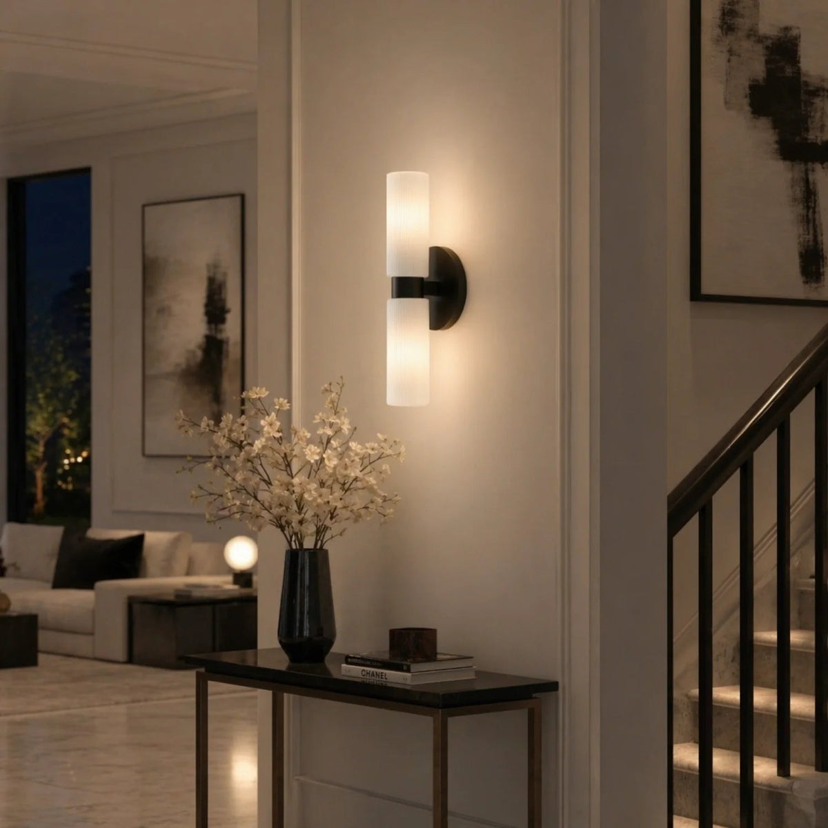 Wandlamp Minimalistisch met Geribbelde Glazen Cilinderkap en Vaste Bevestiging
