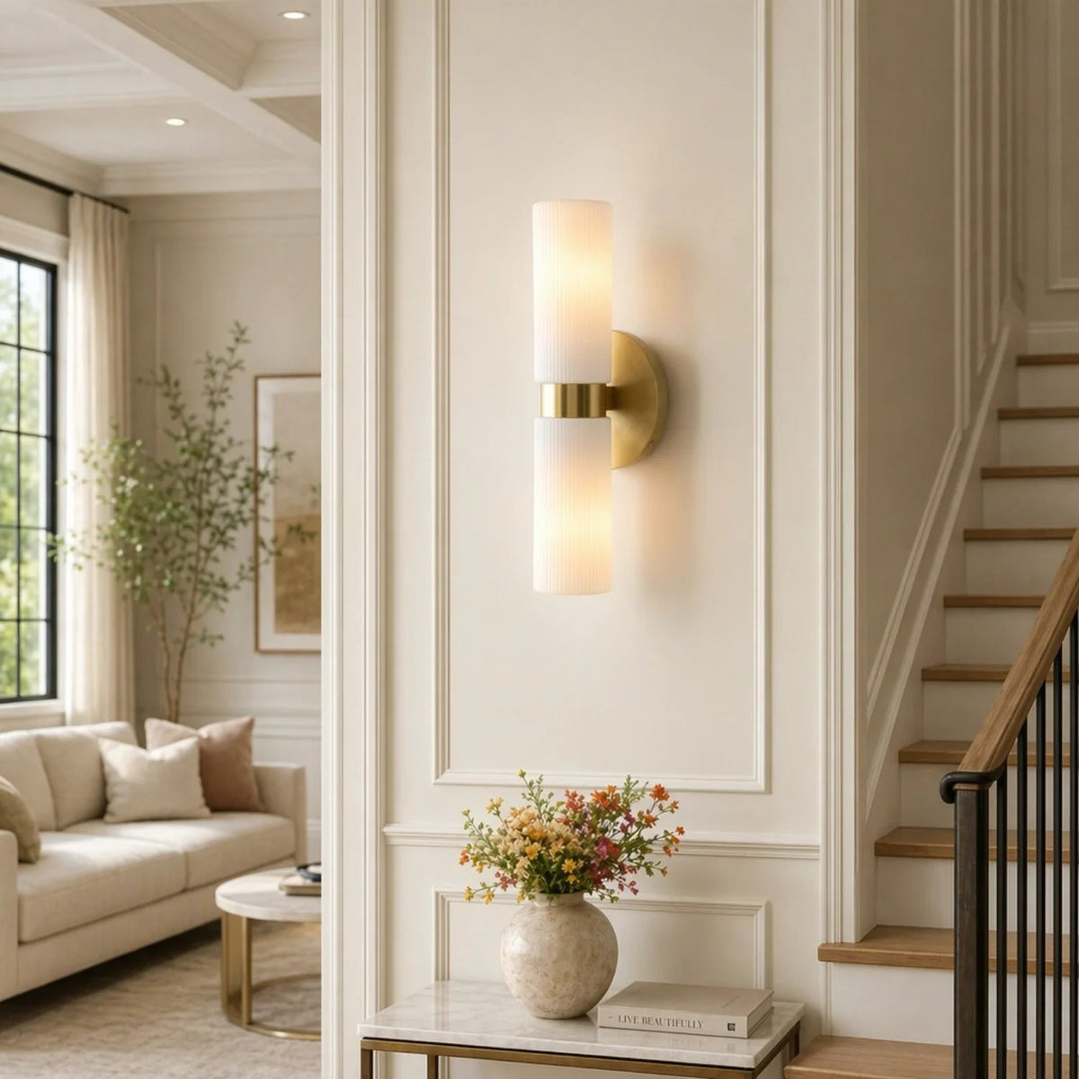 Wandlamp Minimalistisch met Geribbelde Glazen Cilinderkap en Vaste Bevestiging