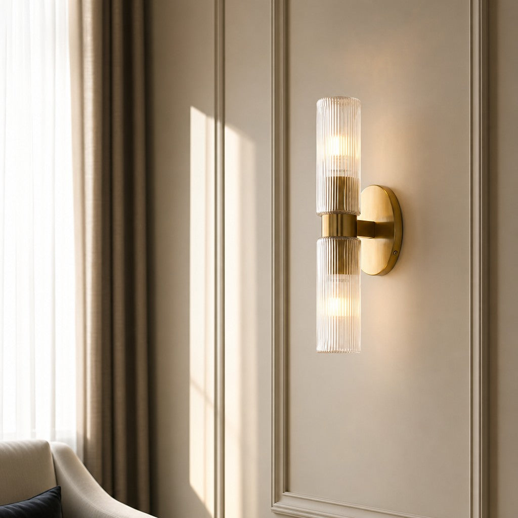 Wandlamp Minimalistisch met Geribbelde Glazen Cilinderkap en Vaste Bevestiging