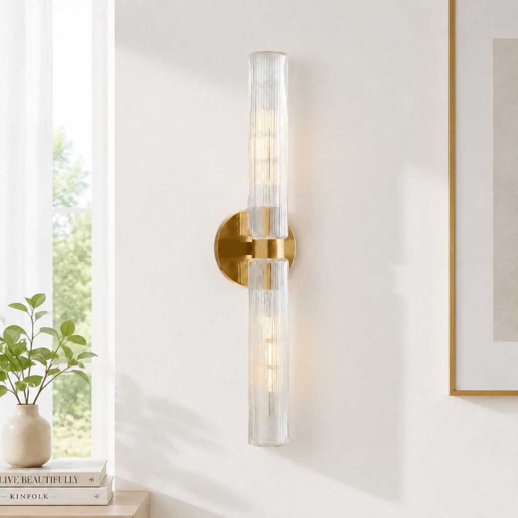 Wandlamp Minimalistisch met Geribbelde Glazen Cilinderkap en Vaste Bevestiging