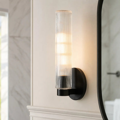 Wandlamp Minimalistisch met Geribbelde Glazen Cilinderkap en Vaste Bevestiging