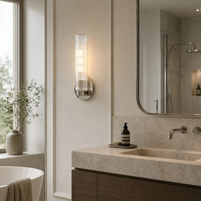 Wandlamp Minimalistisch met Geribbelde Glazen Cilinderkap en Vaste Bevestiging