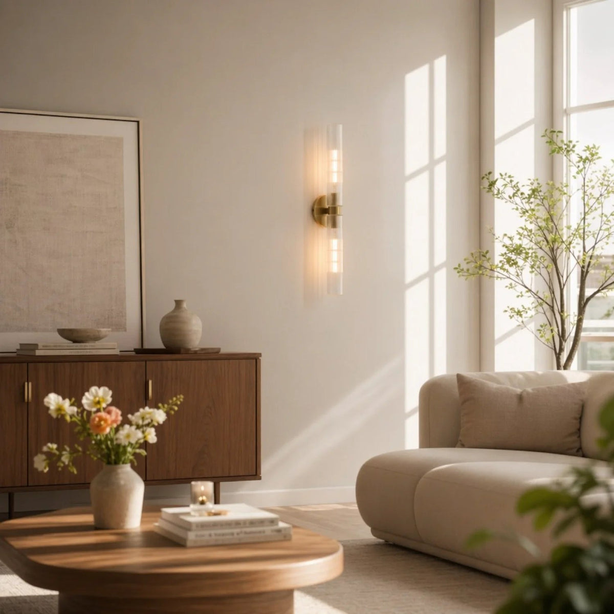 Wandlamp Minimalistisch met Geribbelde Glazen Cilinderkap en Vaste Bevestiging