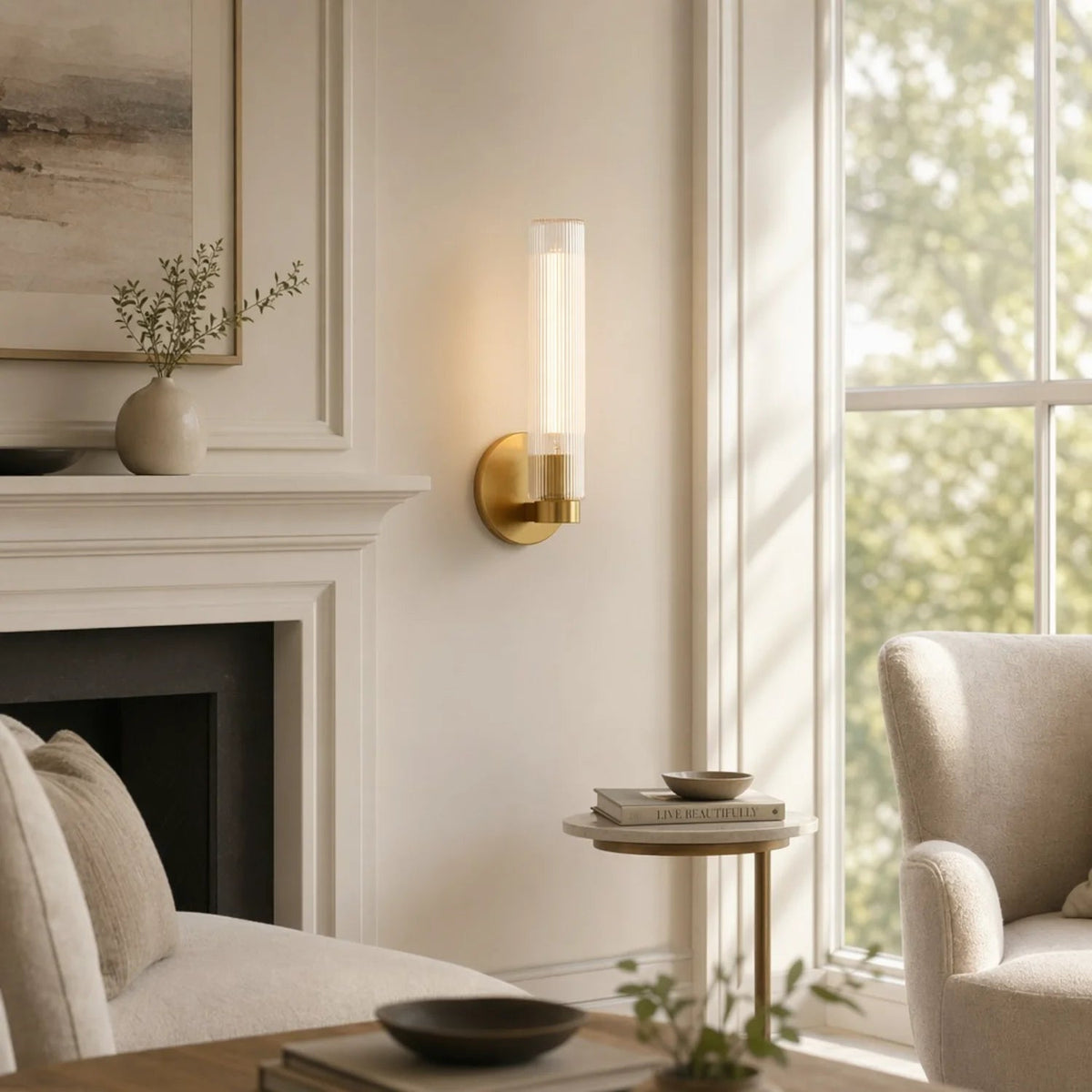 Wandlamp Minimalistisch met Geribbelde Glazen Cilinderkap en Vaste Bevestiging
