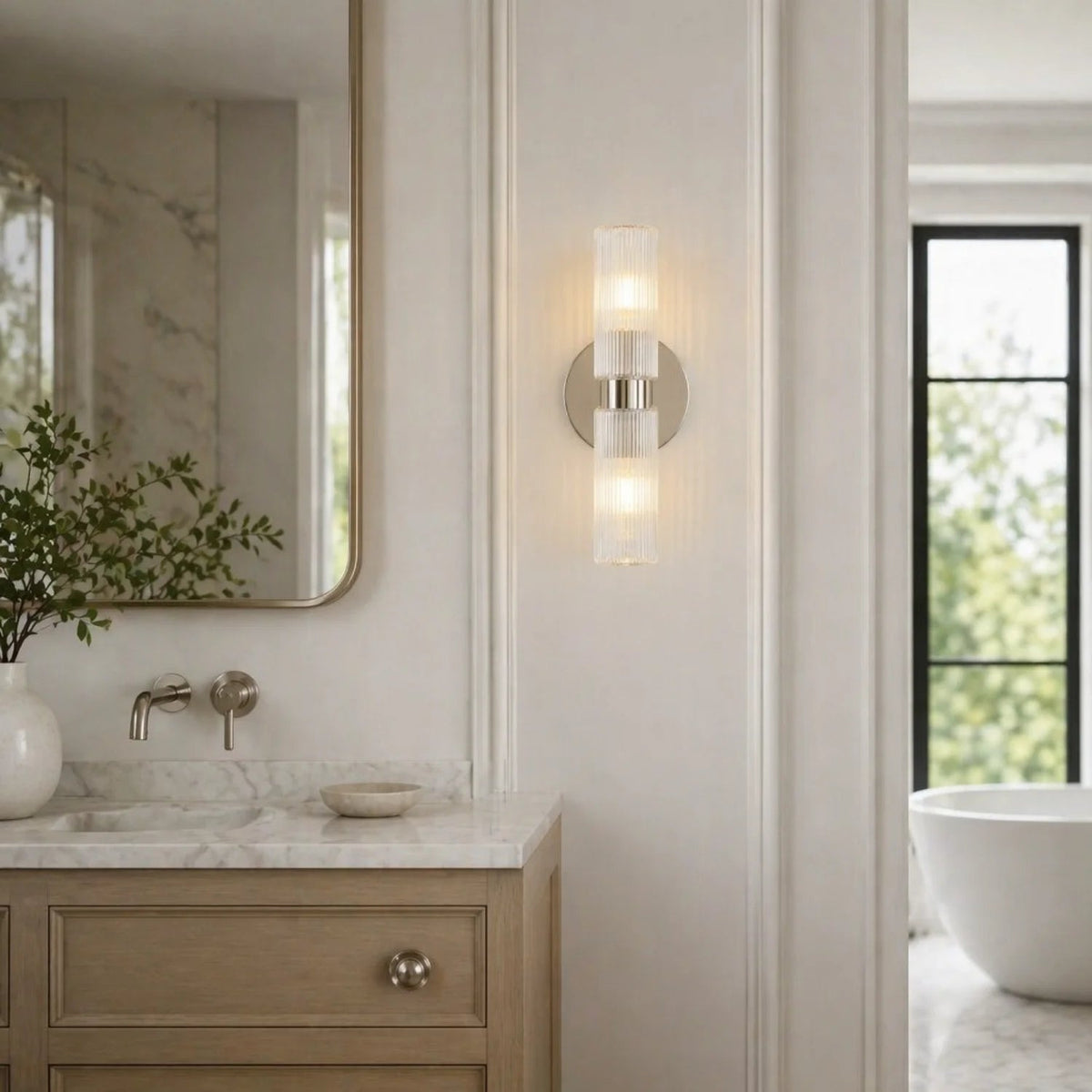 Wandlamp Minimalistisch met Geribbelde Glazen Cilinderkap en Vaste Bevestiging