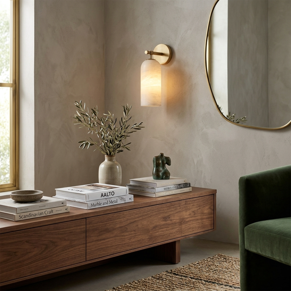 Wandlamp Modern met Alabasten Kap en Metalen Arm