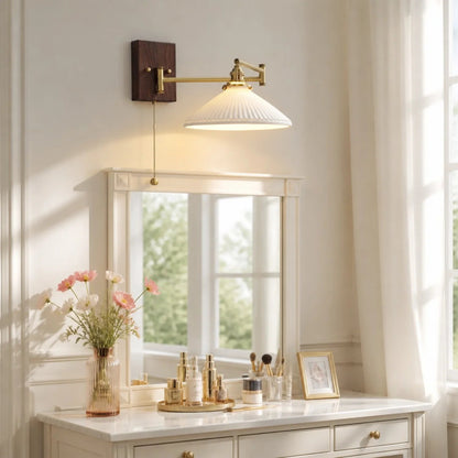 Wandlamp Retro met Swingende Arm, Keramische Kap en Trekschakelaar