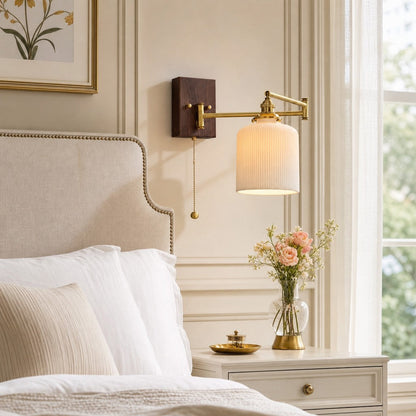 Wandlamp Retro met Swingende Arm, Keramische Kap en Trekschakelaar