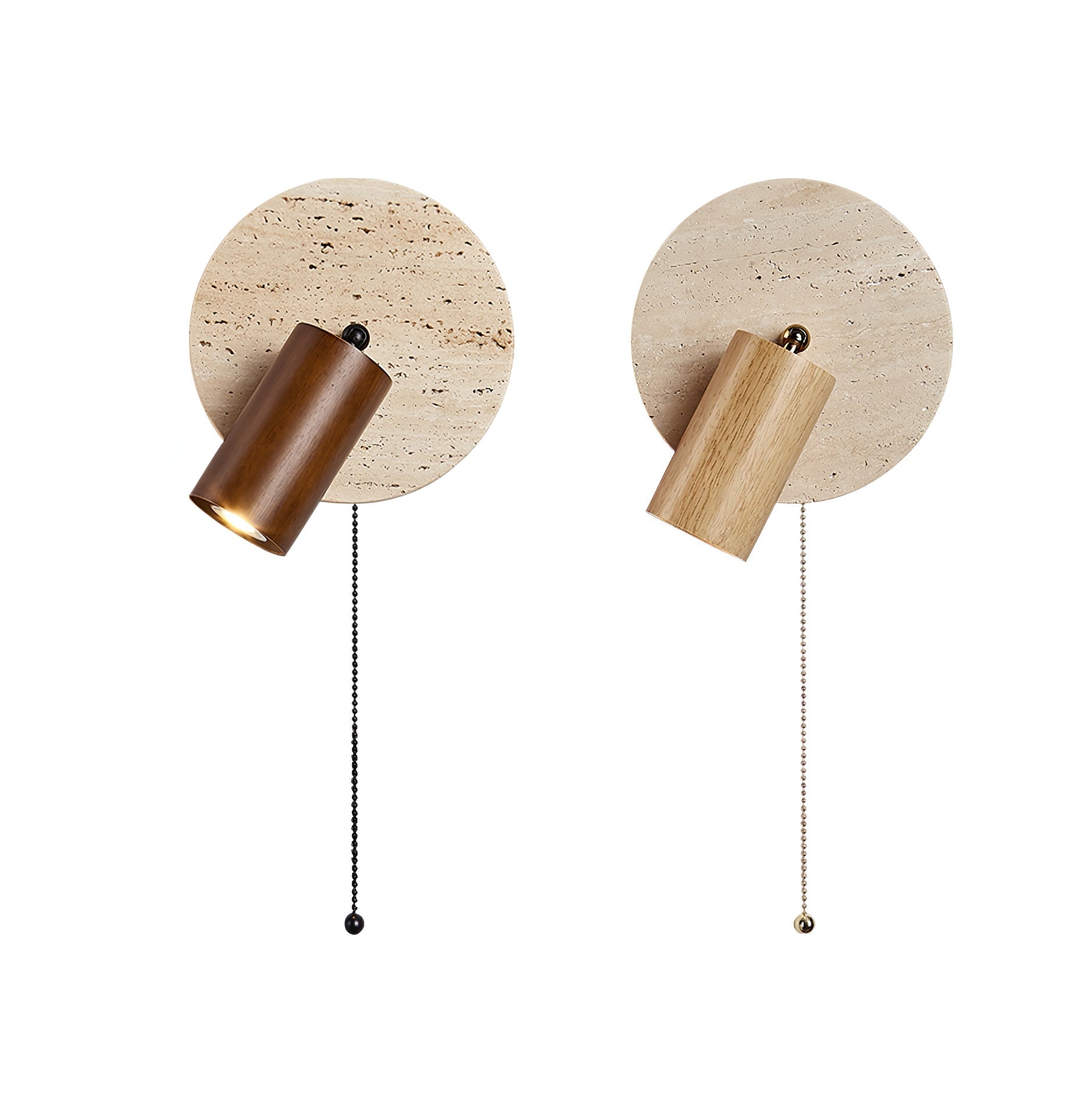 Wandlamp Scandinavisch met Draaibare Spot en Trekketting op Ronde Travertijn Basis