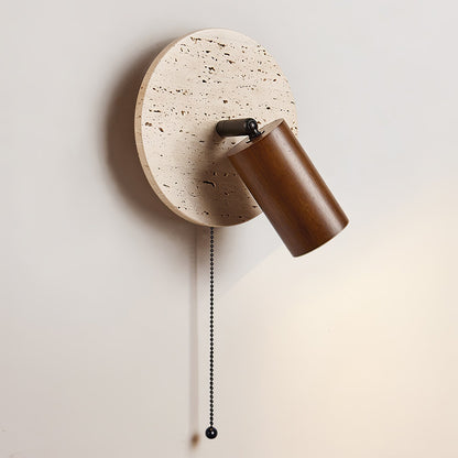 Wandlamp Scandinavisch met Draaibare Spot en Trekketting op Ronde Travertijn Basis