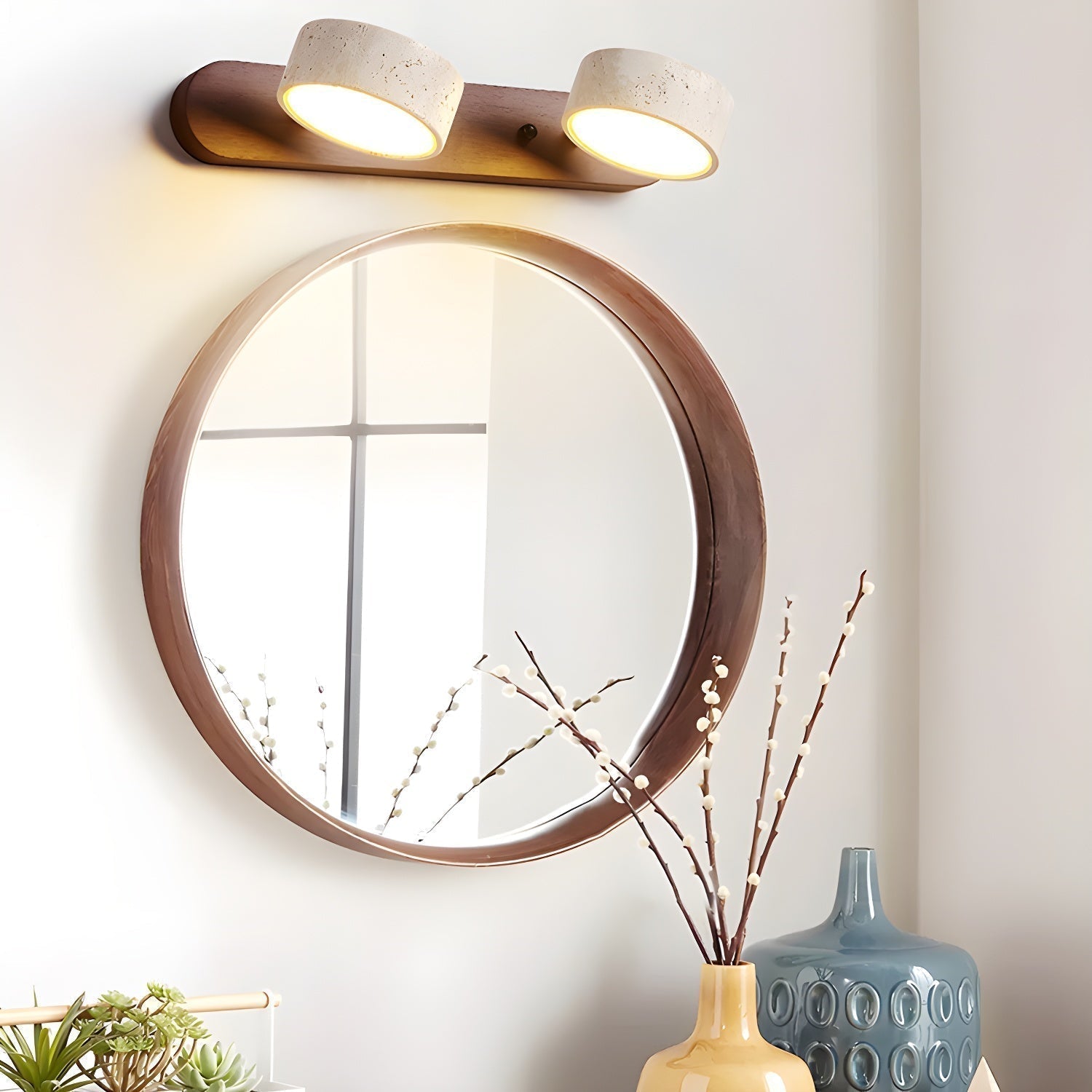 Wandlamp Scandinavisch met Draaibare Spotjes en Houten Basis