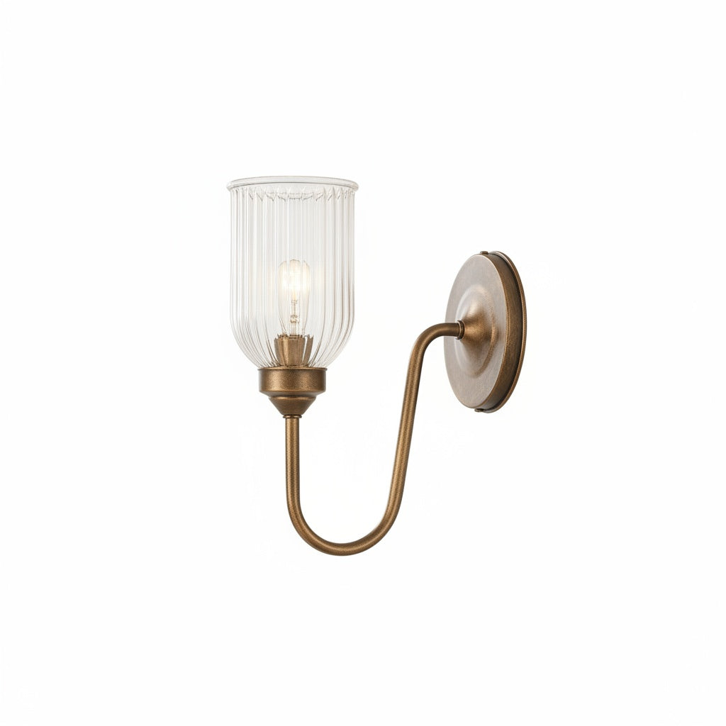 Wandlamp Vintage met Geribbelde Glazen Kap en Gebogen Arm