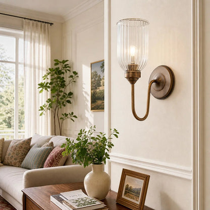 Wandlamp Vintage met Geribbelde Glazen Kap en Gebogen Arm