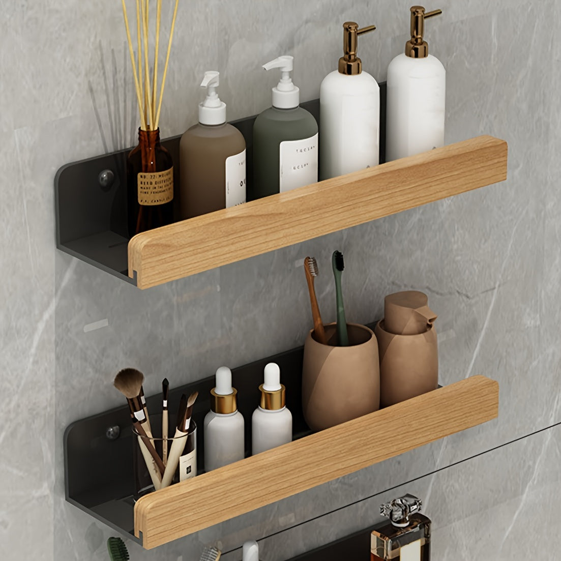 Wandplank Badkamer zonder Boren met Houten Rand