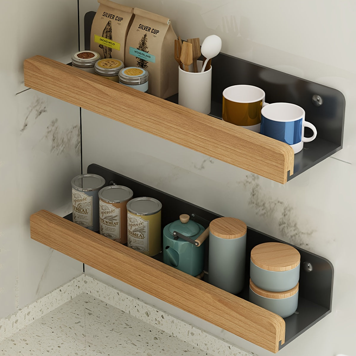 Wandplank Badkamer zonder Boren met Houten Rand