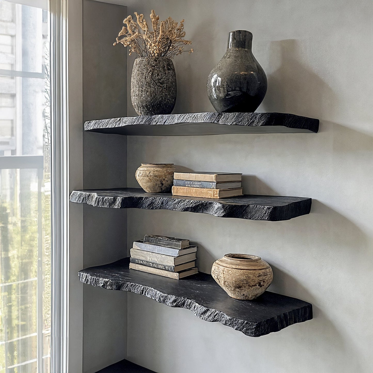 Zwevende Wandplank met Live Edge en Onzichtbare Bevestiging